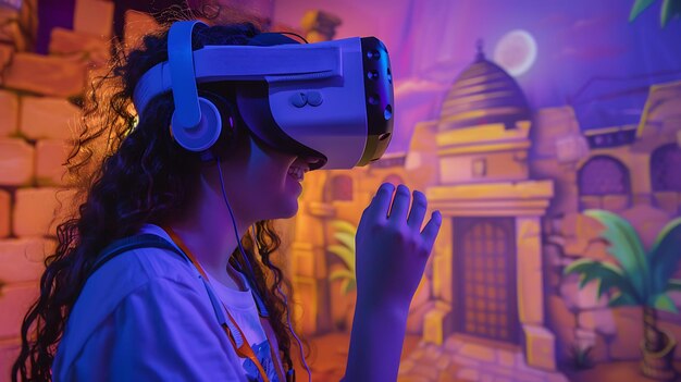 Photo une fille portant un casque de réalité virtuelle regarde un bâtiment avec un bâtiment en arrière-plan