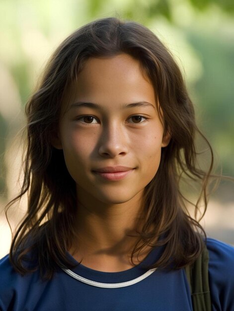 une fille portant une chemise bleue avec des lettres blanches et noires