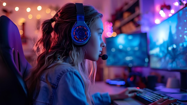 Une fille portant des écouteurs sur un ordinateur