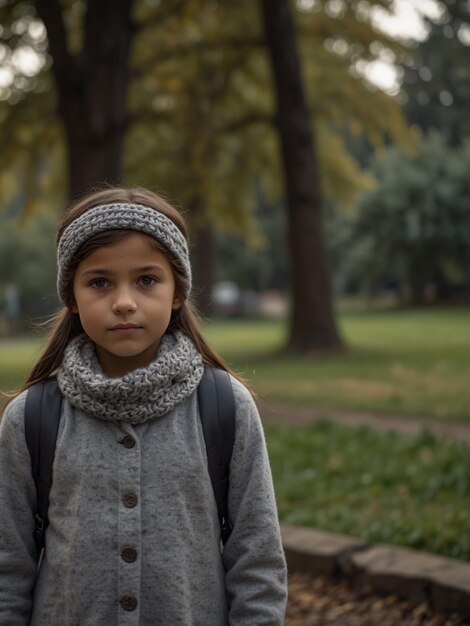 une fille portant un foulard et un foulart se tient dans un parc