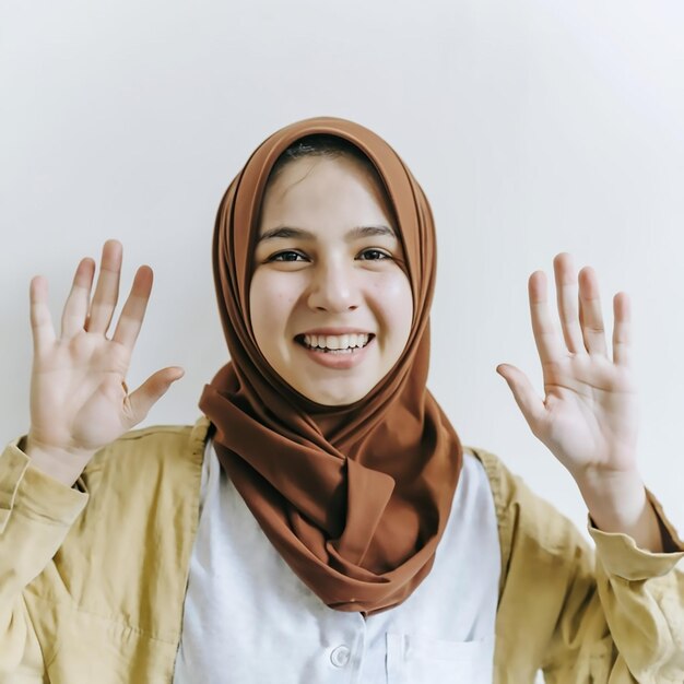 Une fille portant un hijab lève les mains en souriant.