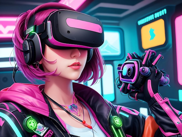 Fille portant des illustrations de casque VR dans 4k Cyberpunk World AI générative