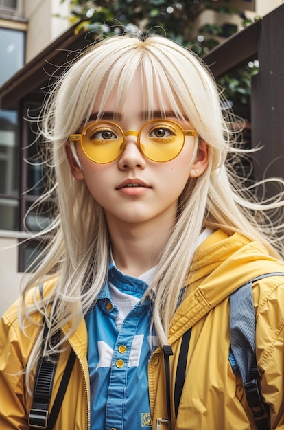 Une fille portant des lunettes jaunes avec une chemise bleue et des lunettes jaunes.