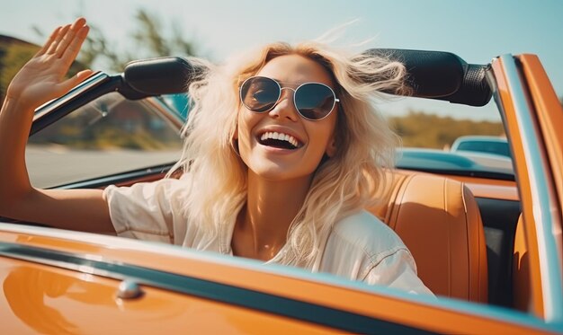 Photo une fille portant des lunettes s'amusant dans une voiture ouverte.