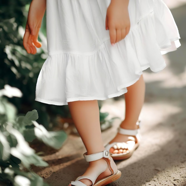 Une fille portant une robe blanche et des sandales en été
