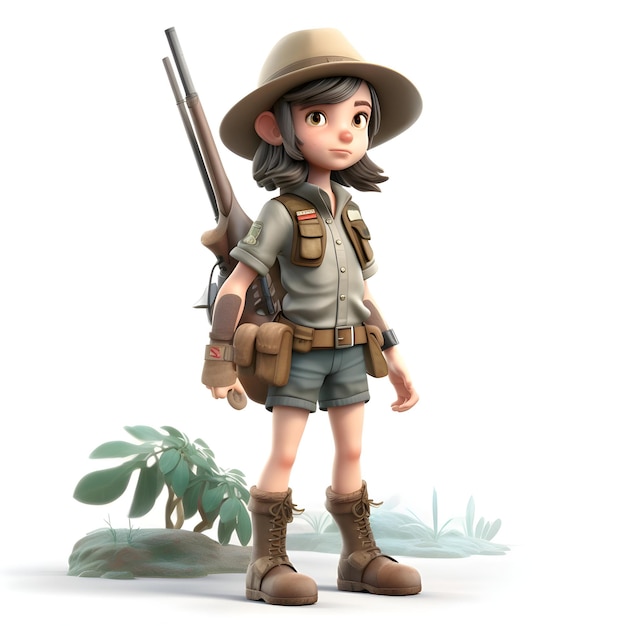 Fille portant une tenue de safari et tenant un fusil rendu en 3D