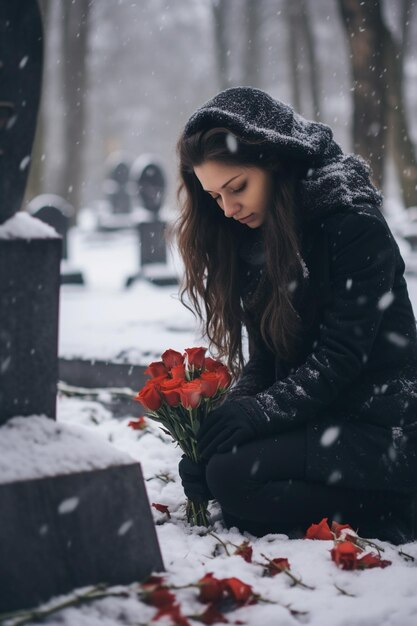 Photo la fille porte des fleurs au cimetière.