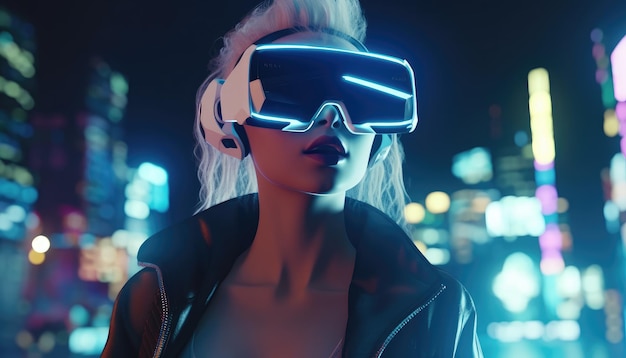 La fille porte des lunettes de réalité virtuelle ou un casque VR et joue dans la cyber-ville de réalité virtuelle