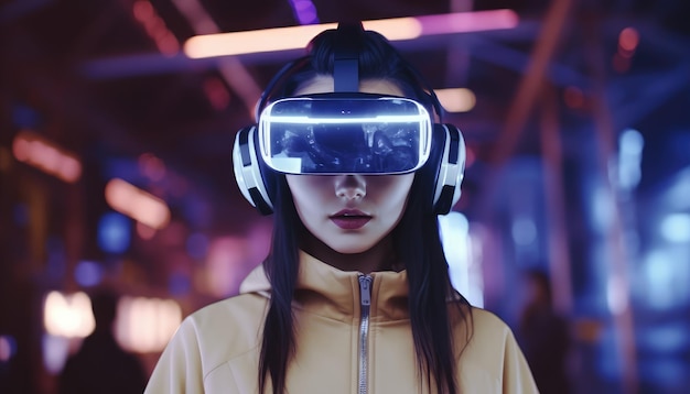 La fille porte des lunettes de réalité virtuelle ou un casque VR et joue dans la cyber-ville de réalité virtuelle