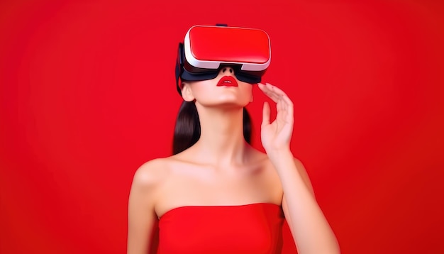 La fille porte des lunettes de réalité virtuelle ou un casque VR et joue en VR sur fond rouge