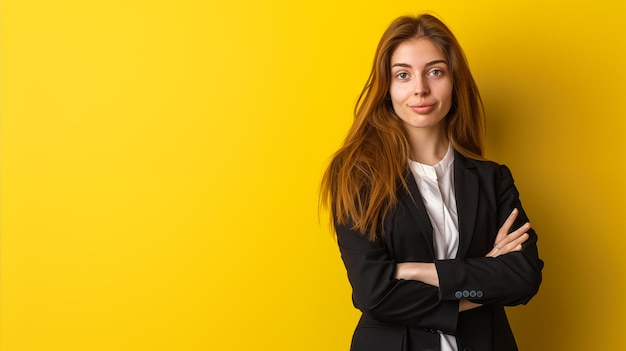 Fille posant sur un fond jaune avec un espace de copie