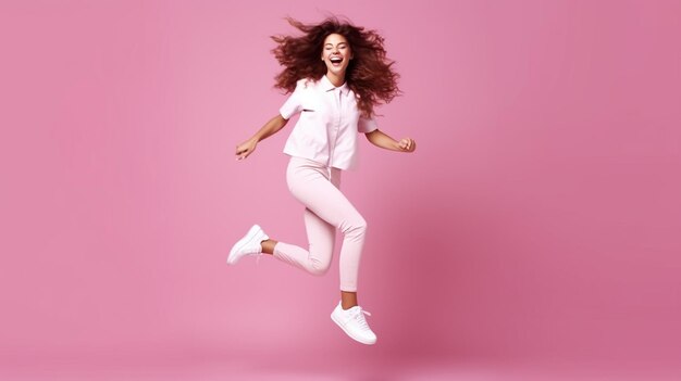 une fille positive inspirée en baskets blanches dansant sur un fond rose