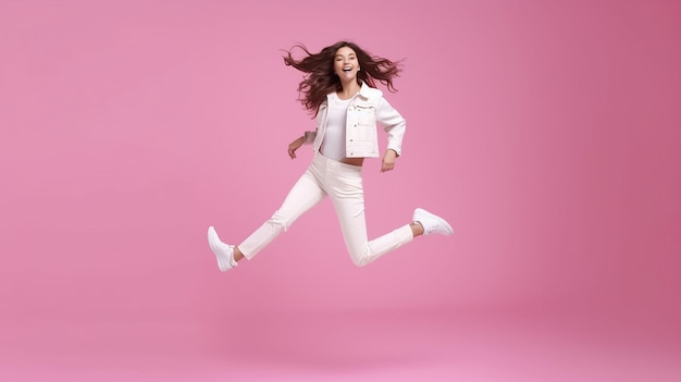 une fille positive inspirée en baskets blanches dansant sur un fond rose