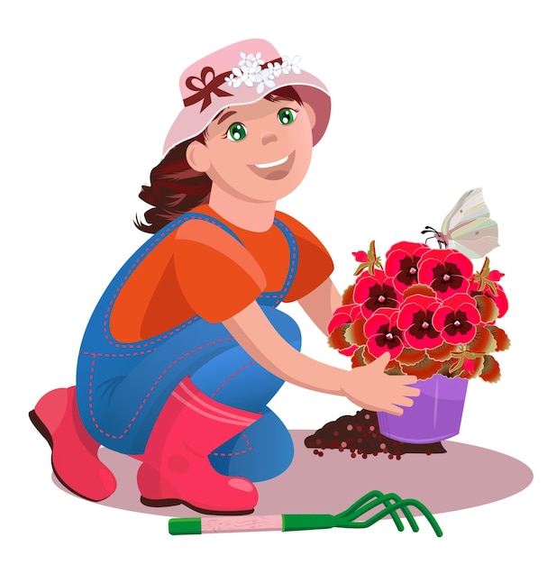 Une fille avec un pot de fleurs et une fraise sur ses genoux.