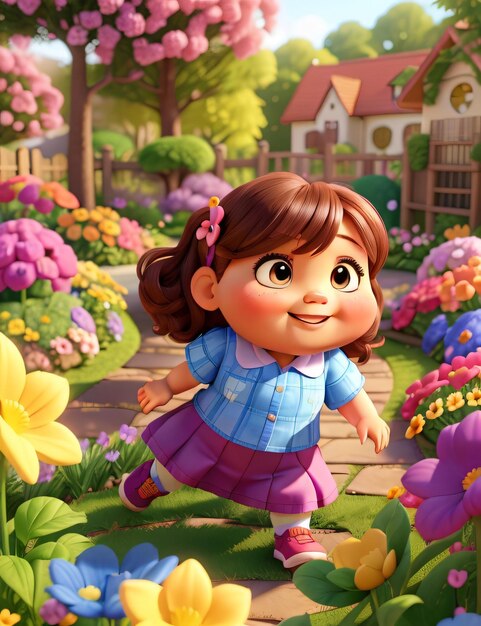 Fille potelée 3D dans une prairie ensoleillée, fleurs colorées et beauté naturelle ai générative