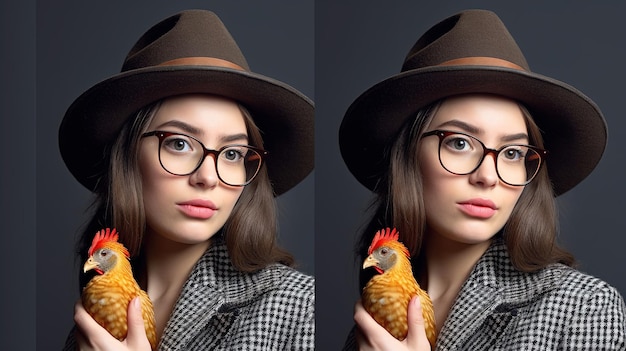 Photo une fille avec une poule.