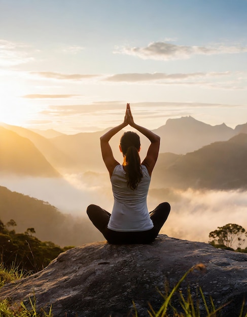 fille pratiquant le yoga sur un rocher en montagne