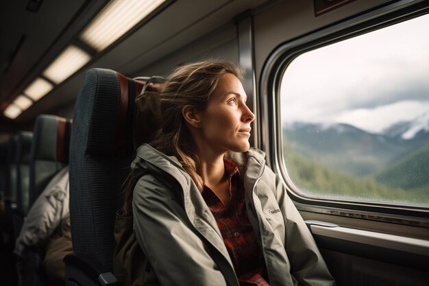 Une fille prend le train et regarde par la fenêtre.