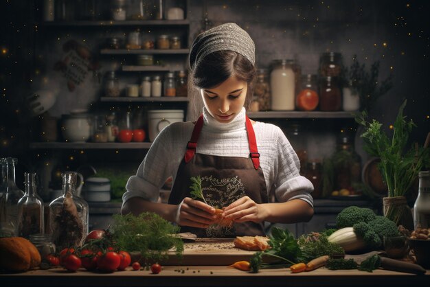 Une fille prépare de la nourriture dans sa cuisine