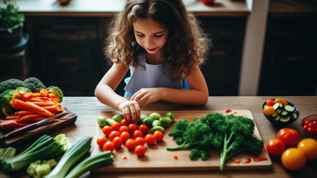 Une fille prépare un repas à base de légumes frais sur une planche à découper en bois.