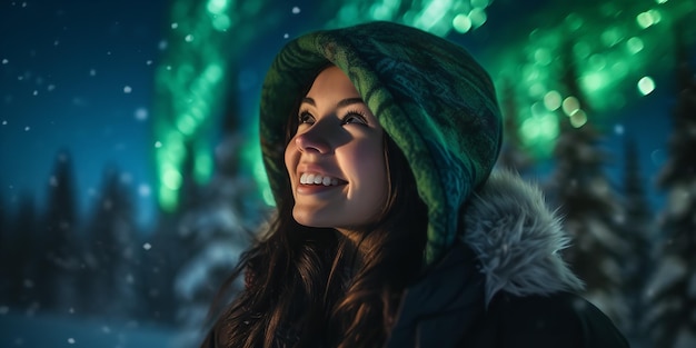 Une fille profitant des aurores de Noël en Alaska Generative AI