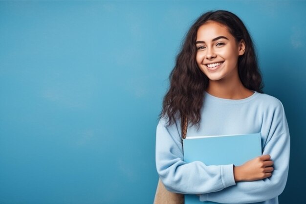 une fille avec un pull bleu tenant une copie d'un livre