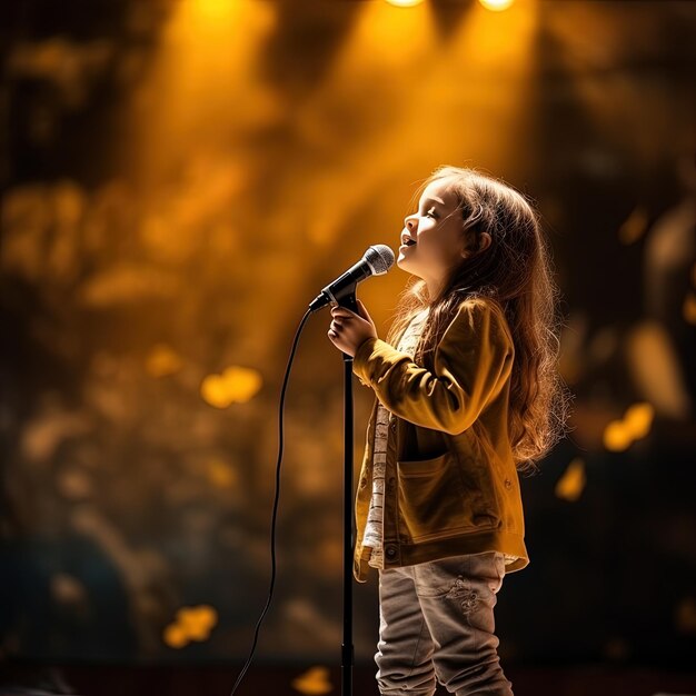 Photo une fille qui chante devant un microphone qui dit le mot dessus