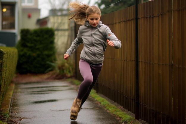 une fille qui court sous la pluie avec ses cheveux en queue de cheval