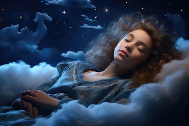 Une fille qui dort dans les nuages avec la lune.