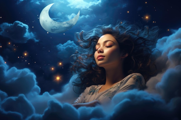 Une fille qui dort dans les nuages avec la lune.