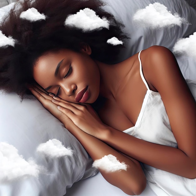 Une fille qui dort sur un lit blanc.
