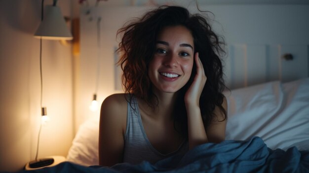 Une fille qui fait un appel téléphonique dans sa chambre à coucher, fond blanc pur, photographie moyenne, gros plan.