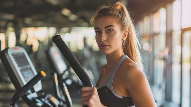 Photo une fille qui fait du sport au gymnase.