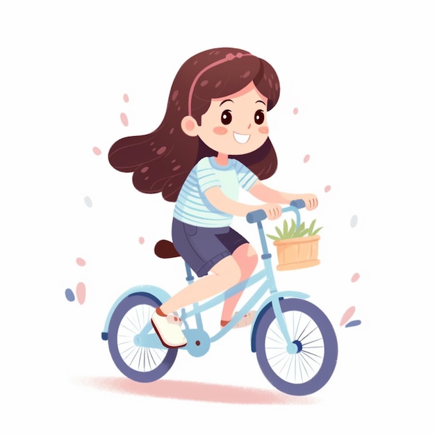 Une fille qui fait du vélo avec un panier de plantes vertes dedans.