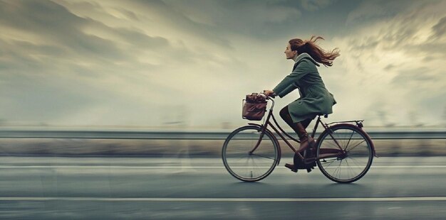 Une fille qui fait du vélo sur une route vide.