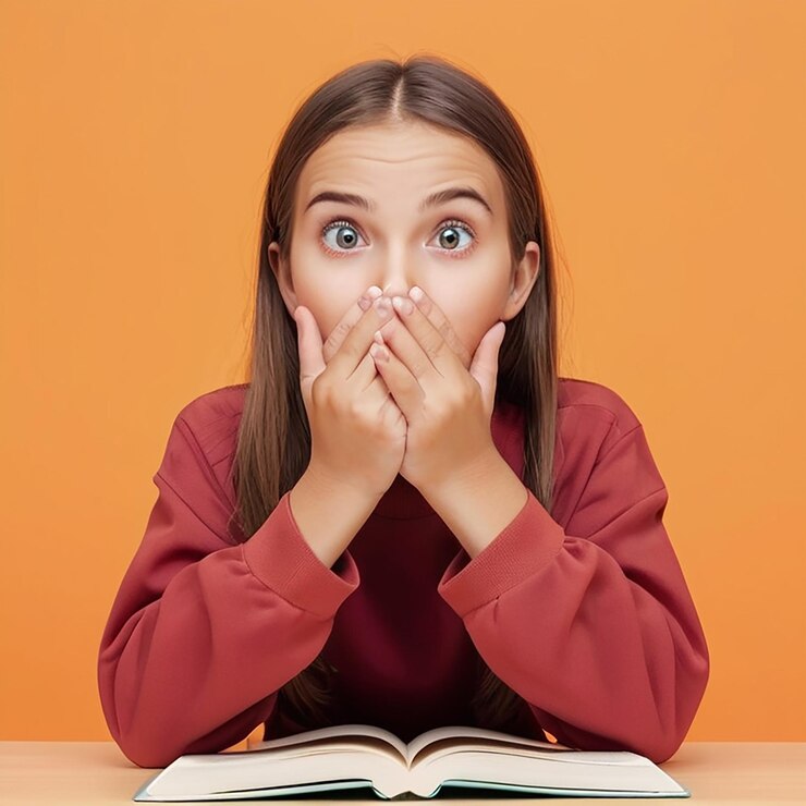 Une fille qui lit un livre sur un fond orange.