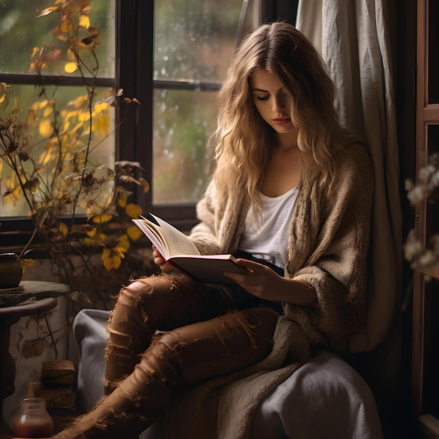 Une fille qui lit un livre un jour de pluie en automne.