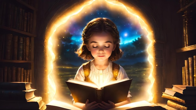 Une fille qui lit un livre magique avec un fond brillant.