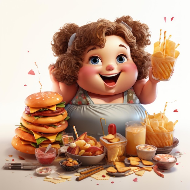 Une fille qui mange un hamburger avec un visage gros et heureux.