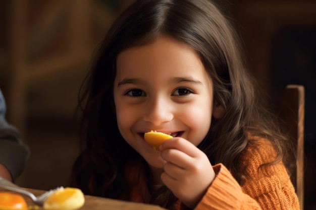 Une fille qui mange une orange