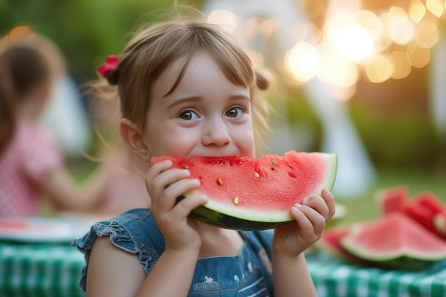 Une fille qui mange de la pastèque.