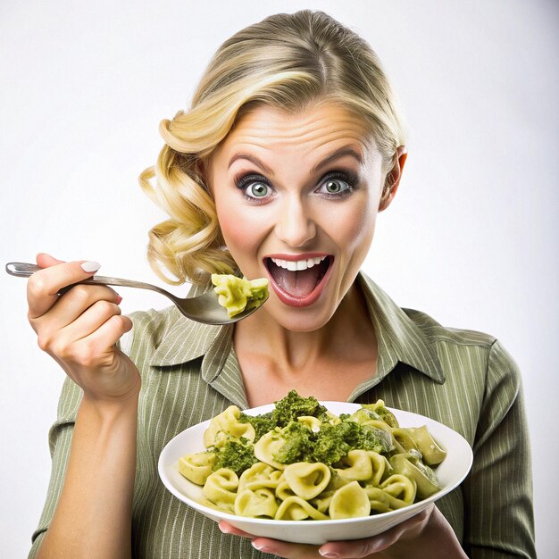 Photo une fille qui mange des tortellins avec des pâtes au pesto