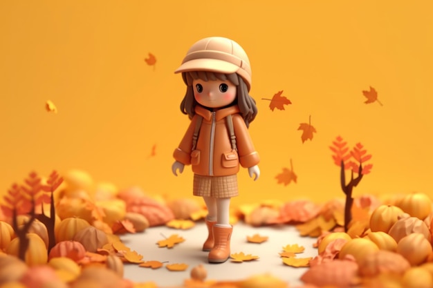Une fille qui marche dans le concept de la saison d'automne 3d Minuscule IA générative isométrique mignonne