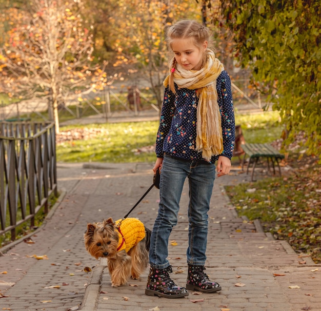 Fille qui marche avec yorkshire terrier