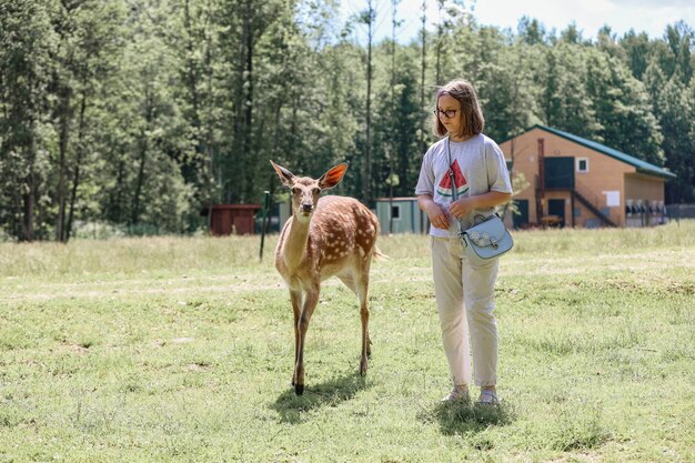 Une fille qui nourrit un mignon bambi de cerf tacheté au zoo pour enfants. Happy traveler girl aime socialiser avec les animaux sauvages dans le parc national en été. Cerf fauve bébé jouant avec des personnes dans un zoo de contact