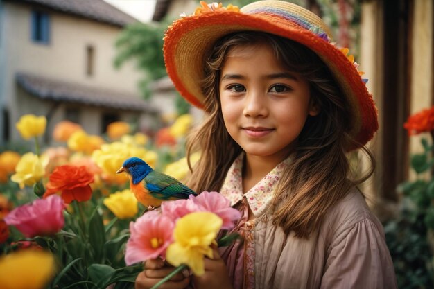 Une fille qui nourrit des pigeons un oiseau adolescent une belle peinture à l'huile de gentillesse