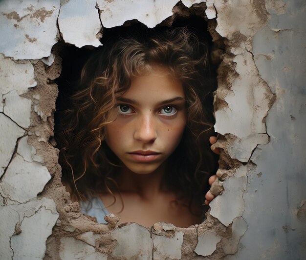 Photo une fille qui regarde à travers un trou dans un mur avec un visage qui dit qu'elle regarde à través d'un trou dans celui-ci