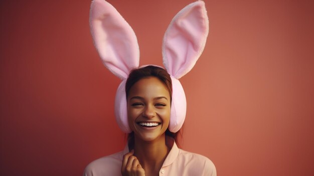 Photo une fille qui rit avec des écouteurs avec des oreilles de lapin.