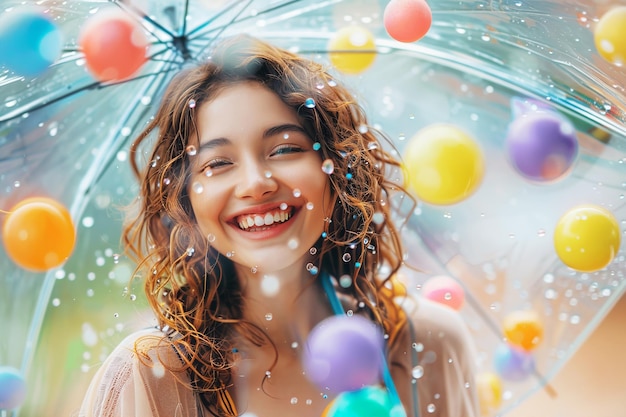 une fille qui rit sous un parapluie transparent sur lequel des boules colorées tombent au lieu de la pluie