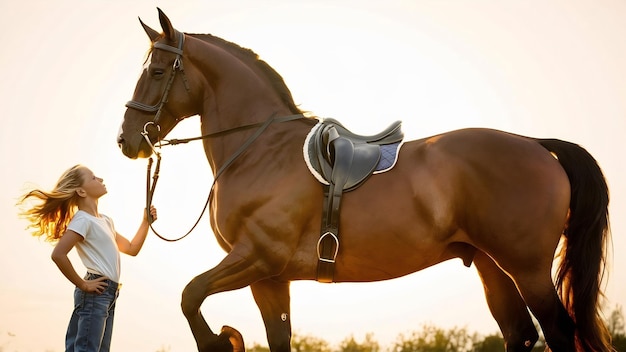 Une fille qui se prépare à monter à cheval.